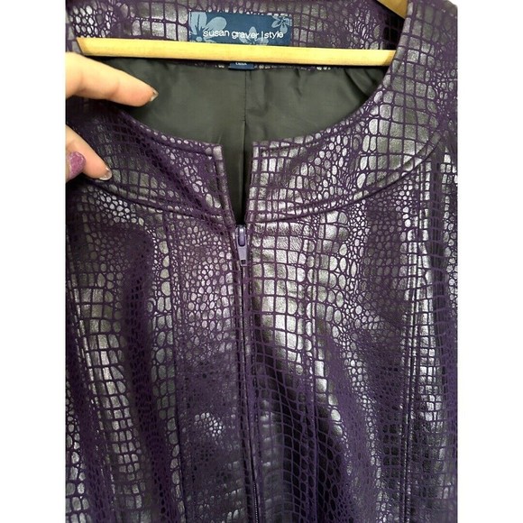 Susan Graver Purple Faux Leather Reptile Print Jacket Sz Large 3/4 Bell Sleeve - Picture 5 of 10